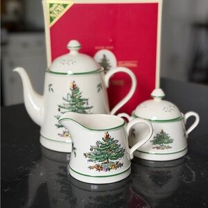 Spode Christmas Tree Teapot, Covered Sugar and Creamer Set